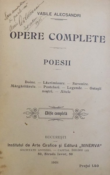 OPERE COMPLETE  - POESII de VASILE ALECSANDRI , EDITIE COMPLETA ,  1901
