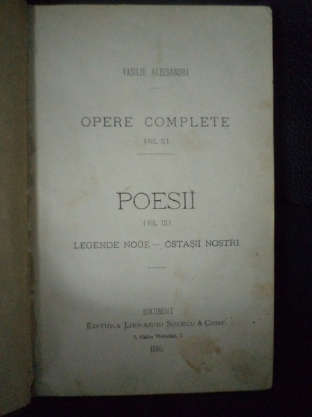 OPERE COMPLETE, POESII, VOL IX de VASILE ALECSANDRI, BUC. 1880