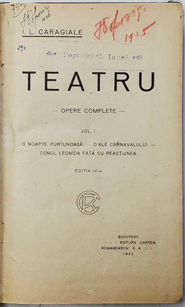 OPERE COMPLETE  - TEATRU , VOLUMELE  I - II de I.L. CARAGIALE , 1922