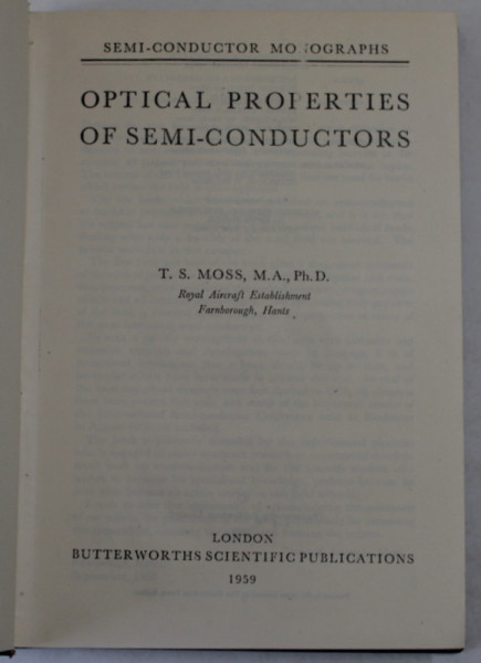 OPTICAL PROPERTIES OF SEMI - CONDUCTORS by T.S MOSS , 1959
