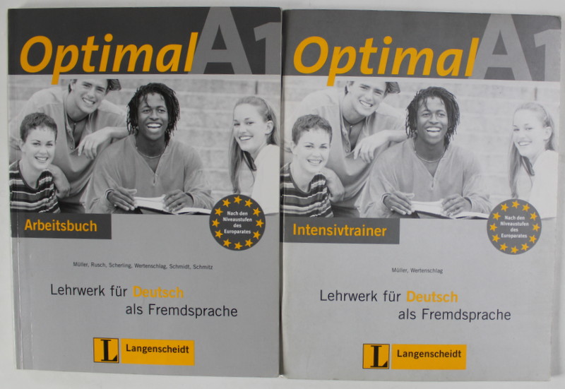 OPTIMAL A 1 , LEHRWERK FUR DEUTSCH ALD FREMDSPRACHE  ( CURS DE LIMBA GERMANA ) von MULLER ...SCHMITZ , 2 VOLUME , ANII  '2000 , CD INCLUS