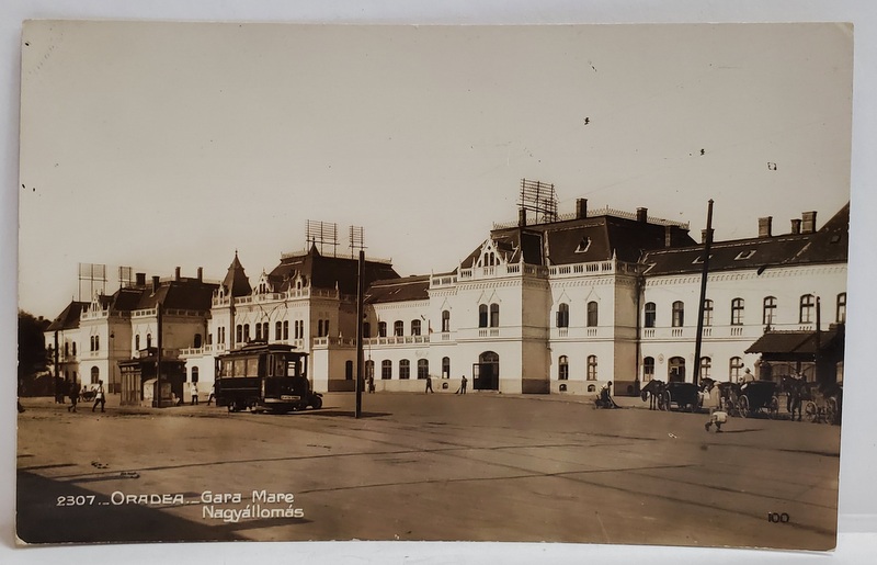 ORADEA , GARA MARE , IN PLAN SECUND TRAMVAIUL ELECTRIC SI TRASURI CU CAI , CARTE POSTALA , INCEPUTUL SEC. XX
