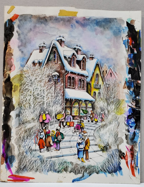 ORASEL IN PREAJMA CRACIUNULUI , ILUSTRATIE DE CARTE PENTRU COPII , ANII ' 80