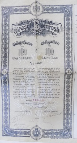 Orasul Bucuresti , obligatie de 100 lei , Nr. 008187 , 20 decembrie 1913