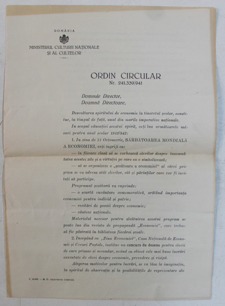 ORDIN CIRCULAR EMIS DE MINISTRUL CULTURII NATIONALE SI AL CULTELOR , GENERAL RADU ROSETTI , DATAT 1941