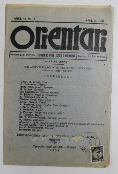 ORIENTARI - REVISTA DE STUDII , CRITICA SI LITERATURA , ANUL III , NO. 4 , APRILIE 1934