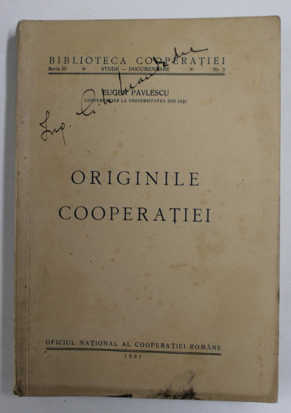 ORIGINILE COOPERATIEI de EUGEN PAVLESCU , 1931