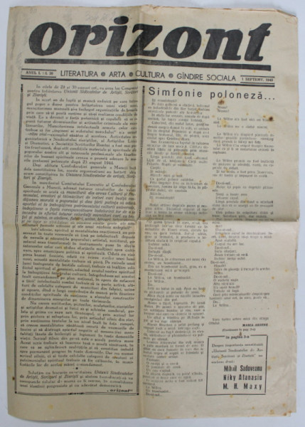 ORIZONT, REVISTA DE LITERATURA , ARTA , CULTURA , GANDIRE SOCIALA , ANUL I , NR. 20 , SEPT. 1945