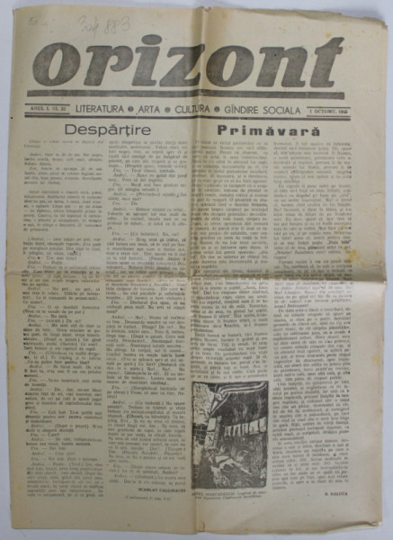 ORIZONT, REVISTA DE LITERATURA , ARTA , CULTURA , GANDIRE SOCIALA , ANUL I , NR. 22 , 1 OCT. 1945