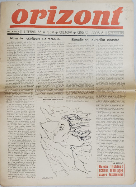 ORIZONT , ZIAR DE LITERATURA , ARTA , CULTURA , GANDIRE SOCIALA , ANUL I , NR. 14 si 15 , 1 si  15 IUNIE , 1945