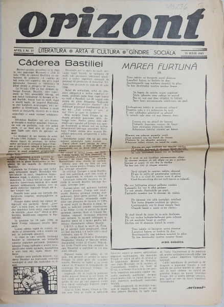 ORIZONT , ZIAR DE LITERATURA , ARTA , CULTURA , GANDIRE SOCIALA , ANUL I , NR. 17 , 5  IULIE , 1945