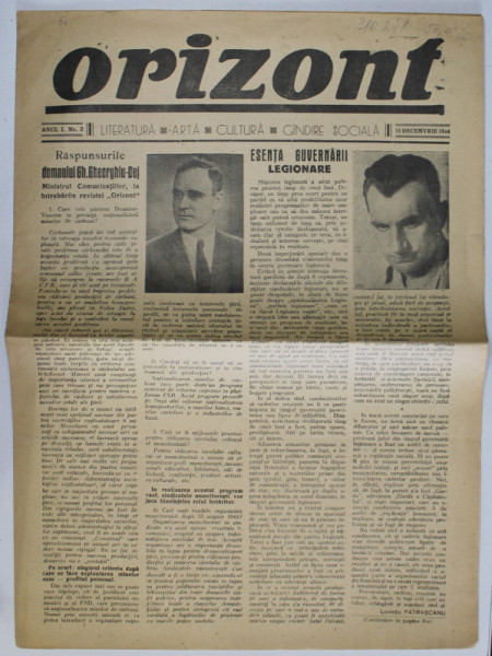 ORIZONT , ZIAR DE LITERATURA , ARTA , CULTURA , GANDIRE SOCIALA , ANUL I , NR. 3 , 15 DECEMBRIE , 1944