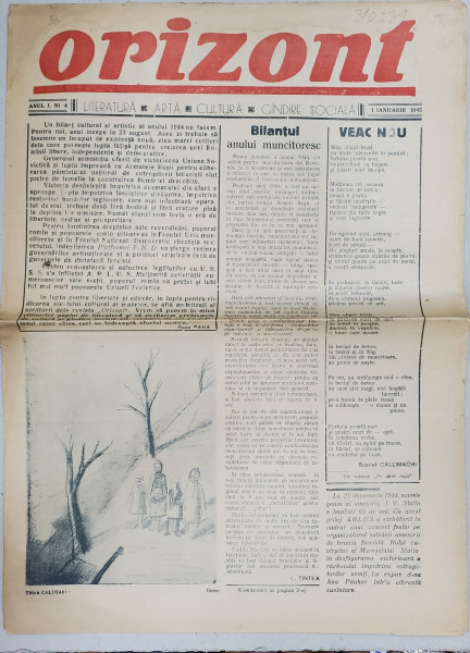 ORIZONT , ZIAR DE LITERATURA , ARTA , CULTURA , GANDIRE SOCIALA , ANUL I , NR. 4 , 1 IANUARIE  , 1945