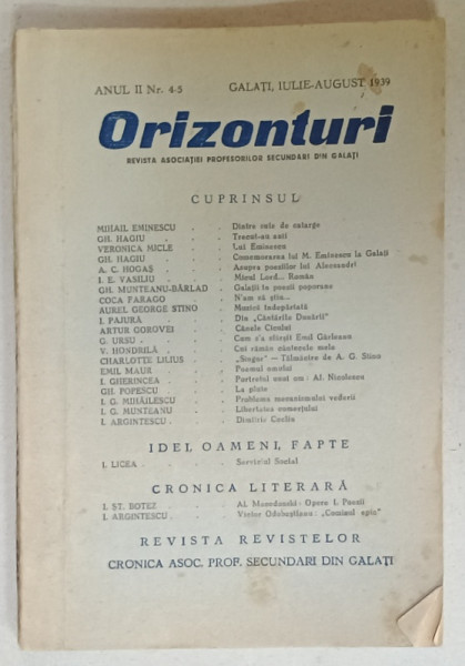 ORIZONTURI , REVISTA DE CULTURA  A  ASOCIATIEI PROFESORILOR SECUNDARI DIN GALATI , NR. 4-5 , 1939