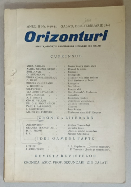 ORIZONTURI , REVISTA DE CULTURA  A  ASOCIATIEI PROFESORILOR SECUNDARI DIN GALATI , NR. 9-10-11, 1940