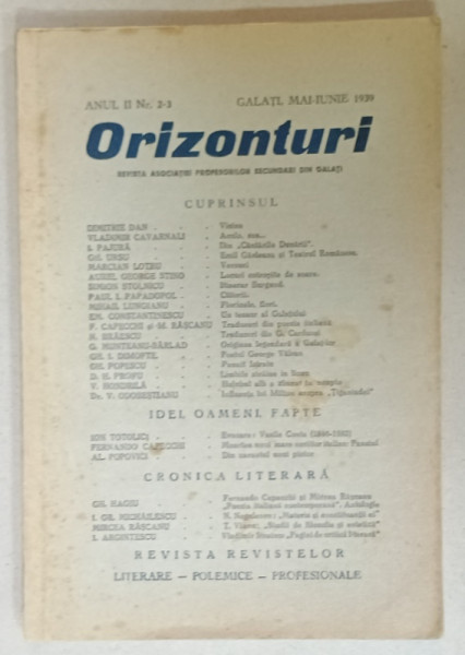 ORIZONTURI , REVISTA DE CULTURA  A  ASOCIATIEI PROFESORILOR SECUNDARI DIN GALATI , NR.2-3, 1939