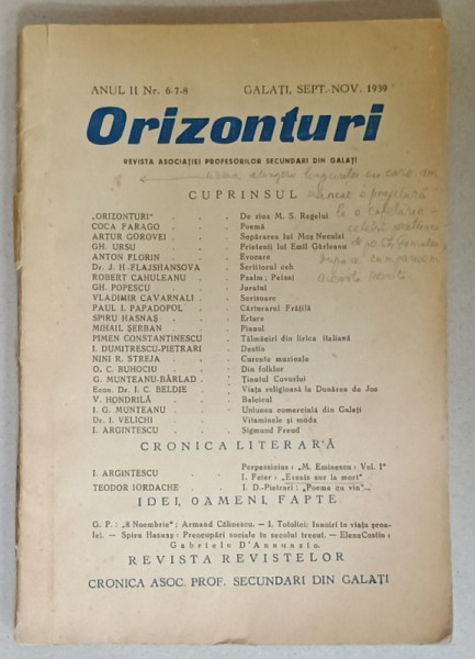ORIZONTURI , REVISTA DE CULTURA  A  ASOCIATIEI PROFESORILOR SECUNDARI DIN GALATI , NR.6-7-8 , 1939