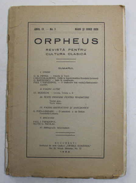 ORPHEUS , REVISTA PENTRU CULTURA CLASICA , ANUL IV , NUMARUL 3 , MAIU SI IUNIE , 1928