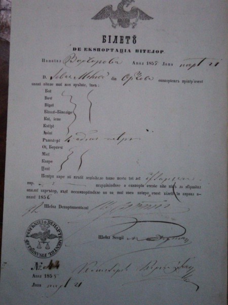 Orsova, bilet de export vite negustor Ivan Milova 1855