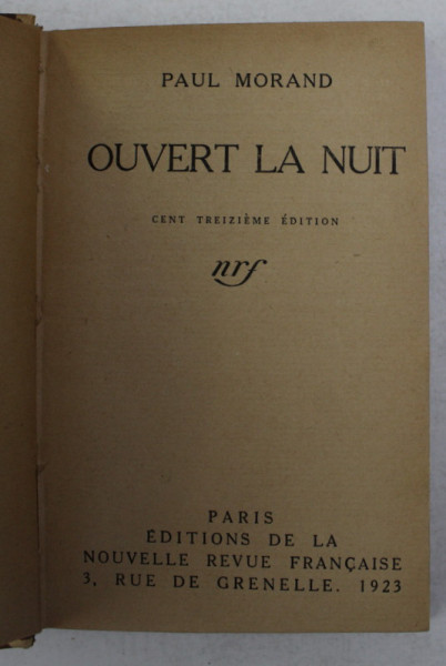 OUVERT LA NUIT par PAUL MORAND , 1923