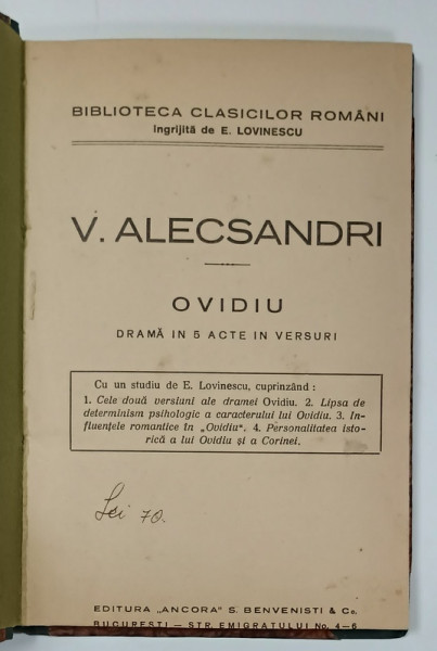 OVIDIU de VASILE ALECSANDRI , DRAMA IN 5 ACTE IN VERSURI , EDITIE INTERBELICA