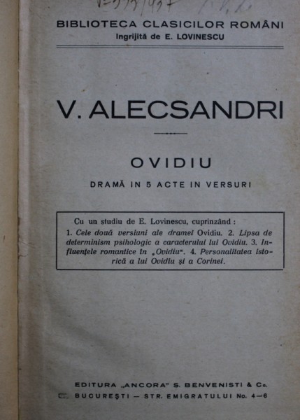 OVIDIU - drama  de V . ALECSANDRI / CIOCOII VECHI SI NOUI de N . FILIMON / DISCIPOLUL - roman de PAUL BOURGET , COLEGAT DE TREI CARTI , EDITII INTERBELICE