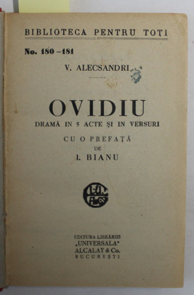 OVIDIU / FANTANA BLANDUZIEI de VASILE ALECSANDRI , COLEGAT  DE DOUA CARTI , 1931