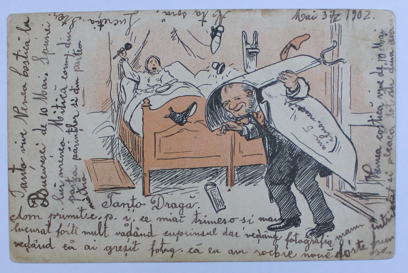 PACIENTUL SI DOCTORUL  - CARICATURA , CARTE POSTALA ILUSTRATA , POLICROMA, CIRCULATA , CLASICA , DATATA 1902