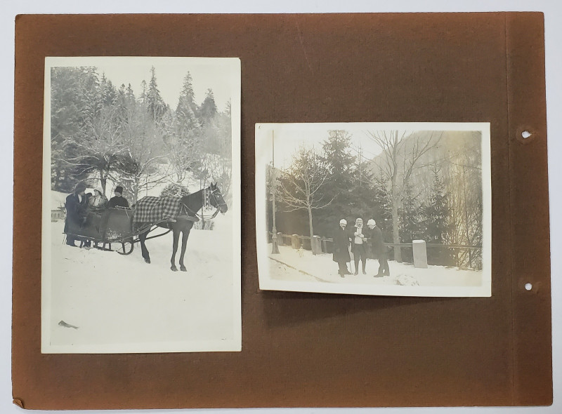 PAGINA DE ALBUM CU DOUA FOTOGRAFII CU  TURISTI IN STATIUNE MONTANA , PERIOADA INTERBELICA