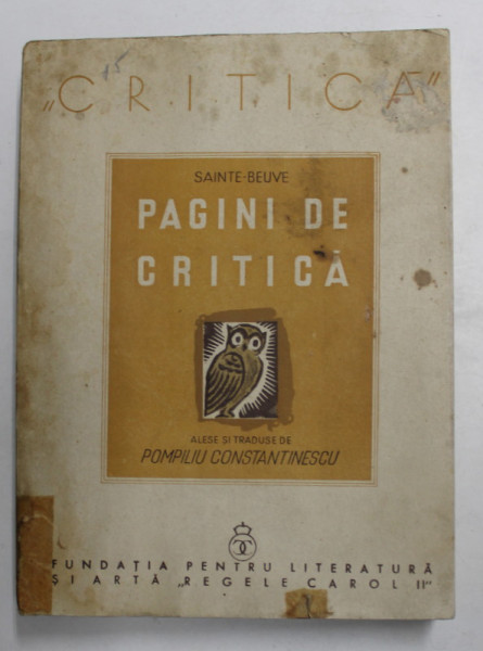 PAGINI DE CRITICA  de SAINTE-BEUVE  1940