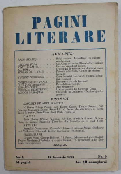 PAGINI LITERARE , REVISTA , ANULI , NR. 9 , 15 IANUARIE 1935