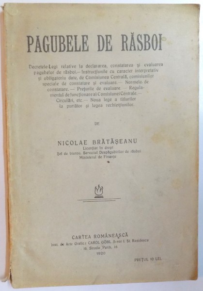 PAGUBELE DE RAZBOI de NICOLAE BRATASEANU  1920