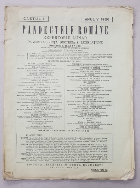 PANDECTELE ROMANE  - REPERTORIU LUNAR DE JURISPRUDENTA , DOCTRINA SI LEGISLATIUNE , director C. HAMANGIU , CAETUL 1 , ANUL V , 1926
