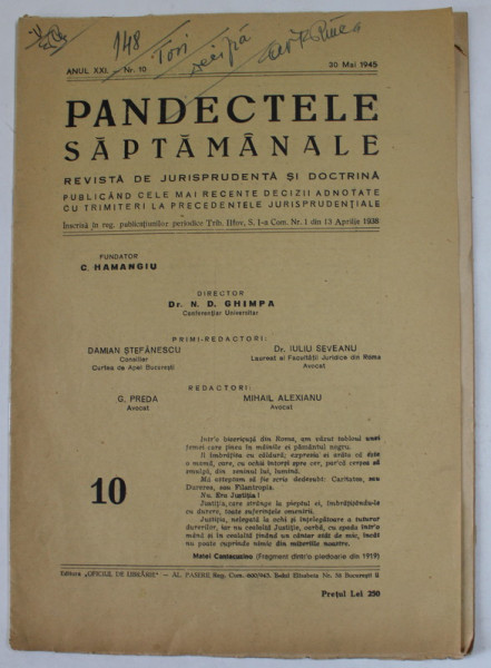PANDECTELE SAPTAMANALE , REVISTA DE JURISPRUDENTA SI DOCTRINA, ANUL XXI , Nr. 10, 30 mai 1945