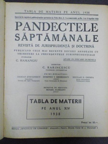 PANDECTELE SAPTAMANALE, REVISTA DE JURISPRUDENTA tiparita sub conducerea lui C. HAMANGIU, An XIV, 1938