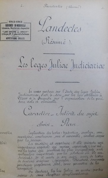 PANDECTES ( RESUME )  LES LEGES JULIAE JUDICIARIAE , 1912 - 1913