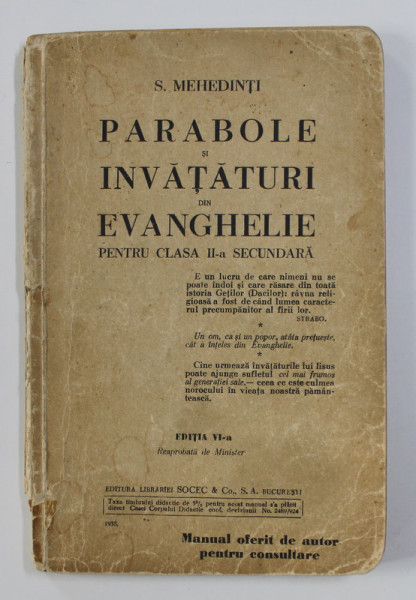 PARABOLE SI INVATATURI DIN EVANGHELIE PENTRU CLASA II-A SECUNDARA de S. MEHEDINTI , 1935