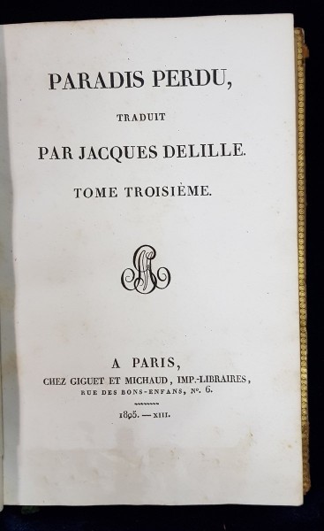 PARADIS PERDU traduit par JACQUES DELILLE, TOM. III - PARIS, 1805