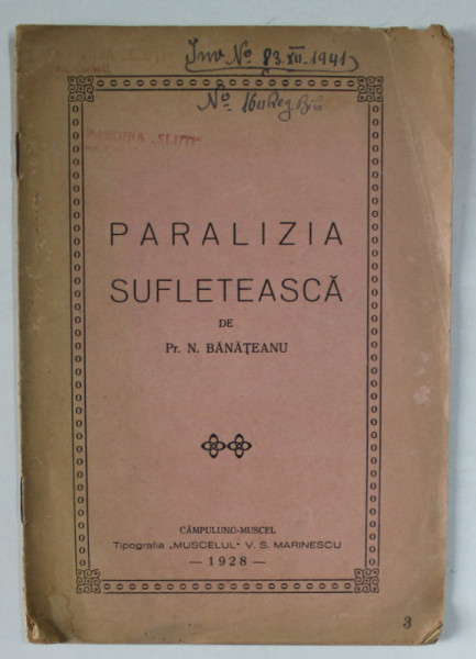 PARALIZIA SUFLETEASCA de PREOT N. BANATEANU , 1928