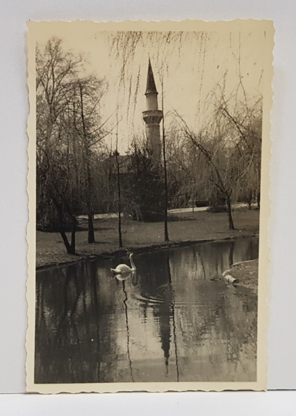 PARCUL CAROL I , BUCURESTI , VEDERE DE PE LAC SPRE MOSCHEE , FOTOGRAFIE MONOCROMA , PERIOADA INTERBELICA