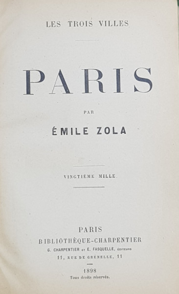 PARIS par EMILE ZOLA , 1898