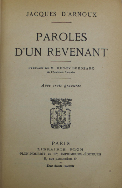 PAROLES D 'UN REVENANT par JACQUES D 'ARNOUX , 1925