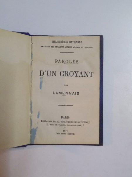 PAROLES D'UN CROYANT par LAMENNAIS  1877