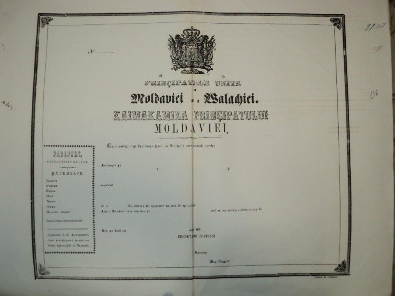 Pasaport Alexandru Ioan Cuza, Principatele Unite ale Moldovei si Valahiei, in alb 185...