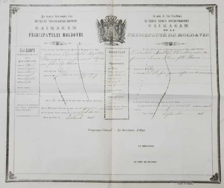 PASAPORT EMIS DE PRINCIPATUL MOLDOVEI , CETATEANULUI ISRAELIT MORTHOU CU SOTIA SI COPILUL , DATAT SEPTEMBRIE 1858