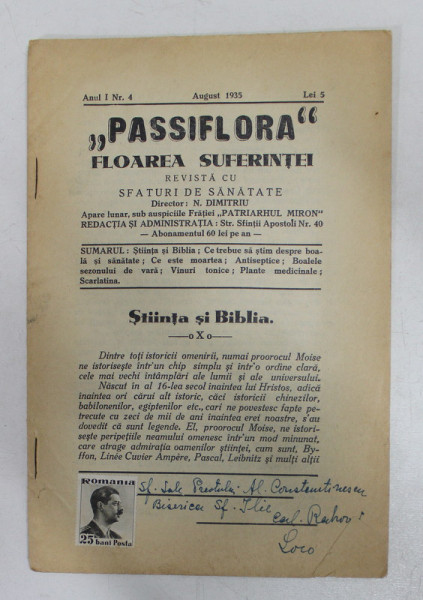 ' PASSIFLORA  ' FLOAREA SUFERINTEI - REVISTA CU SFATURI DE SANATATE , ANUL I , NR. 4 , AUGUST,  1935
