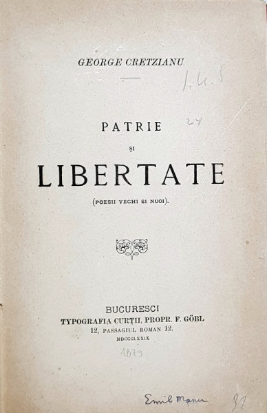Patrie si libertate de George Cretzianu -  Bucuresti, 1879