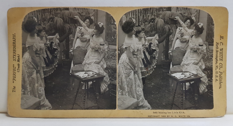 PATRU TINERE SI UN JOBEN , SCENA COMICA , FOTOGRAFIE STEREOSCOPICA , 1902
