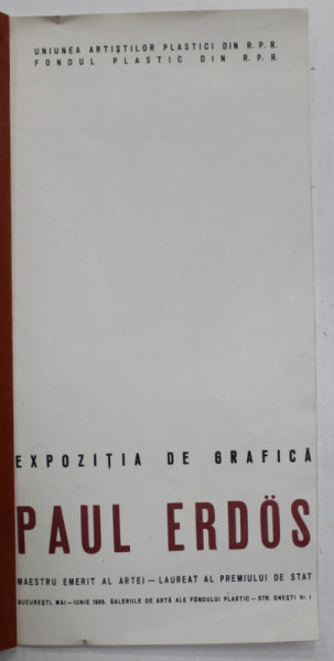 PAUL ERDOS, EXPOZITIE DE GRAFICA , CATALOG , 1965