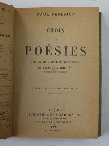 PAUL VERLAINE - CHOIX DE POESIES , 1921